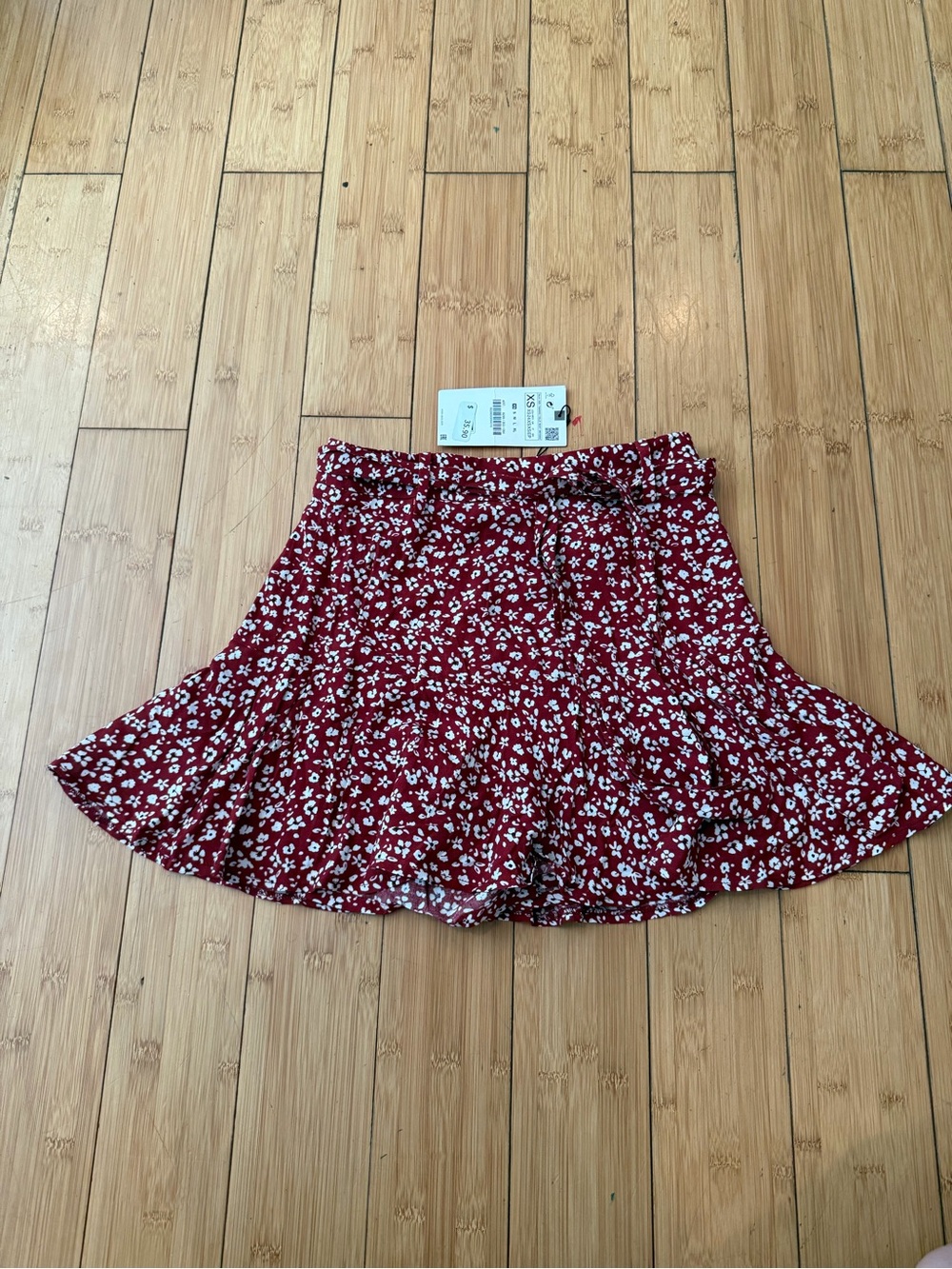Zara Red Floral Tie-Waist Skater Skirt